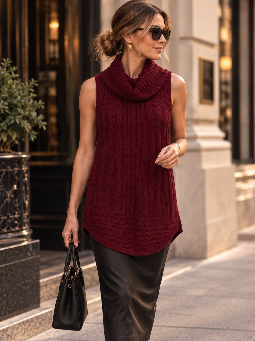 Tahari Wool Yak Hair Sweater Tunic XS Burgundy Cowl Neck Sleeveless
